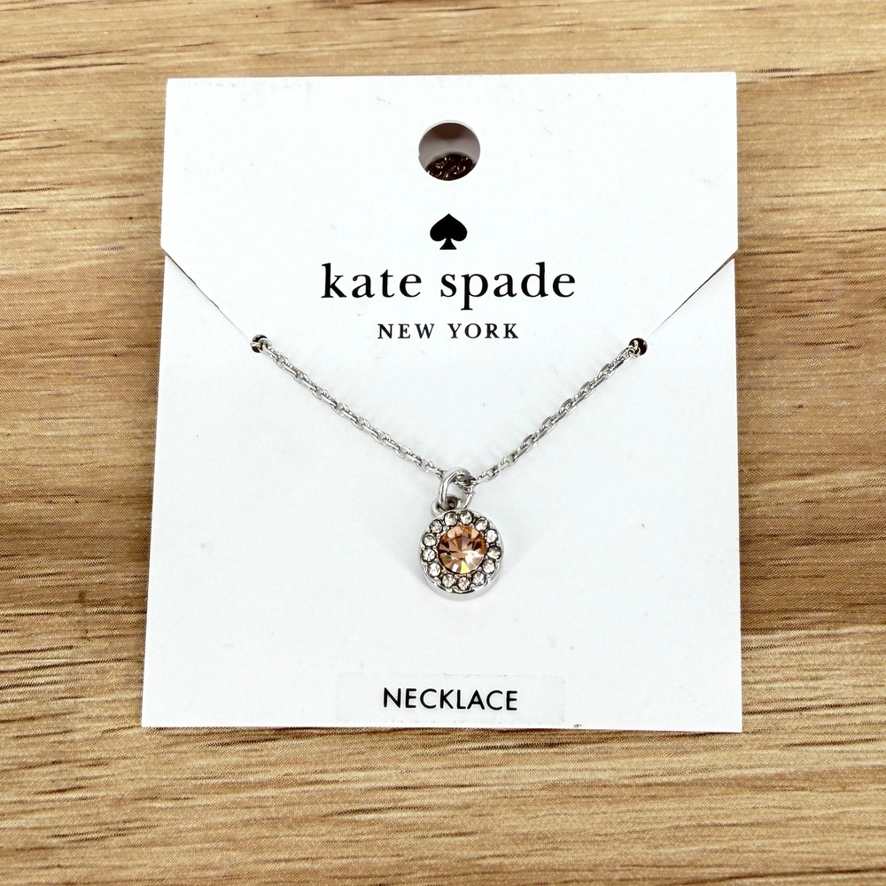 NEW Kate Spade You're A Gem Champagne Crystal Halo Pendant Necklace Silver Tone
